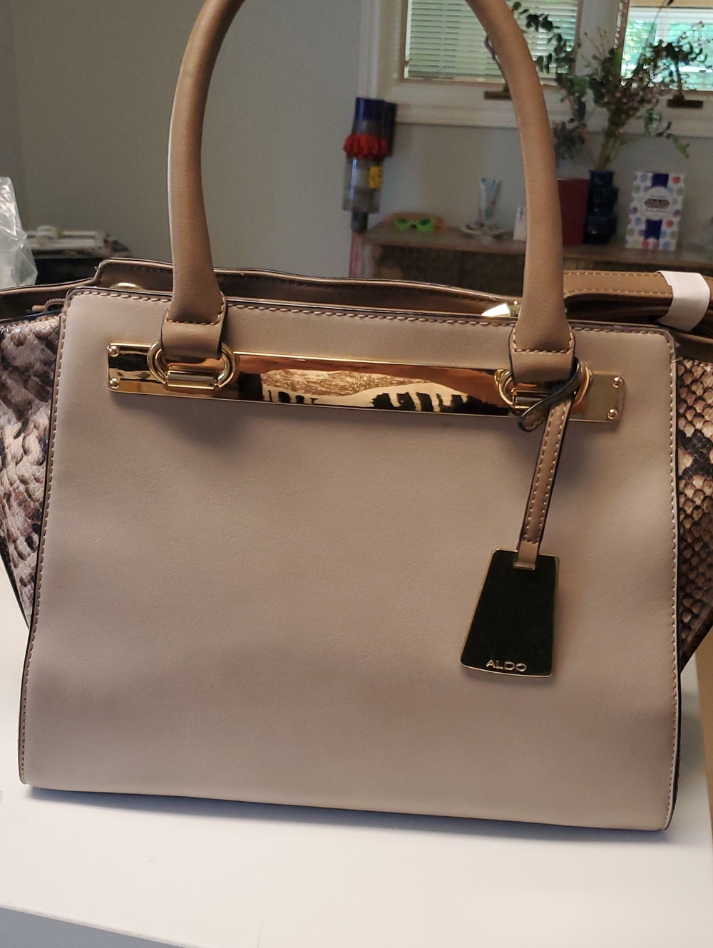 ALDO Taupe Satchel with Snake-Print Side Panels and Gold Hardware